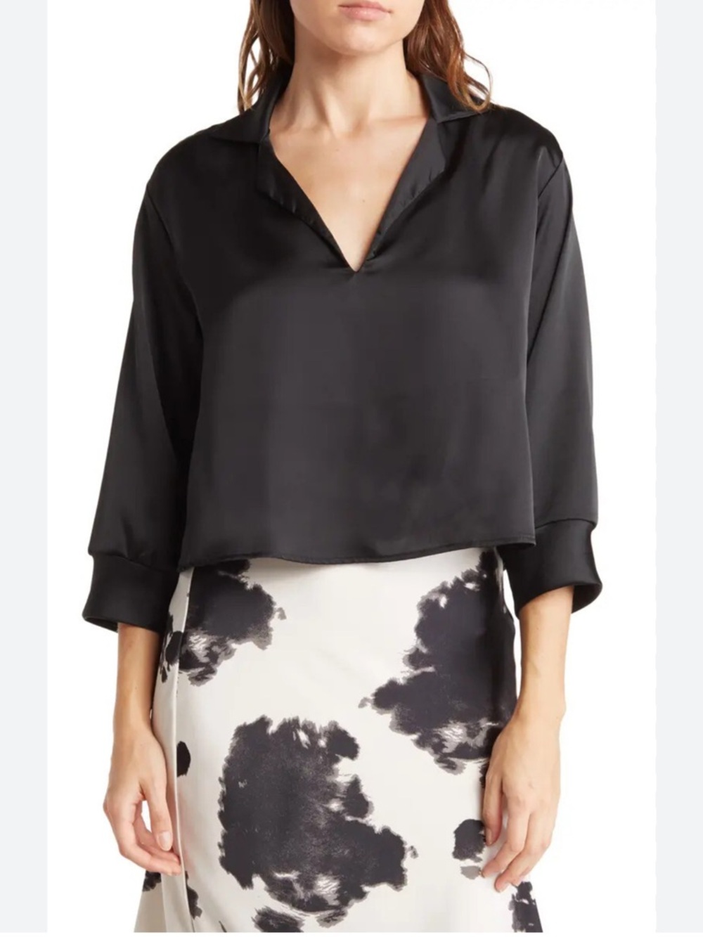 Renee C. Black Satin Cropped Collared Blouse